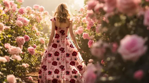 woman in pink dress with blooming roses in the garden